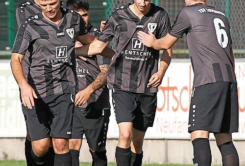 Das Bild zeigt 5 Fußballer des TSV Ludwigsstadt, die sich gerade über ein erzieltes Tor freuen.
