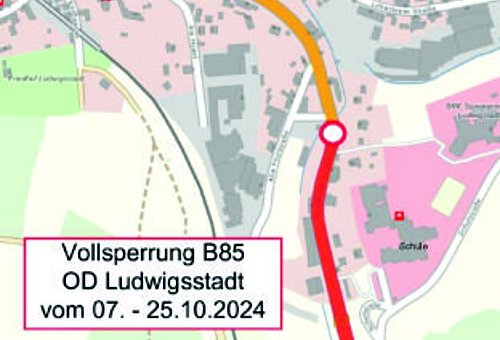 Rot markiert ist die kommende Vollsperrung vom 07.10 - 25.10. der OD Ludwigsstadt. Es handelt sich um den Bereich vom Ortseingang Ludwigsstadts bis Höhe Alte Poststraße.