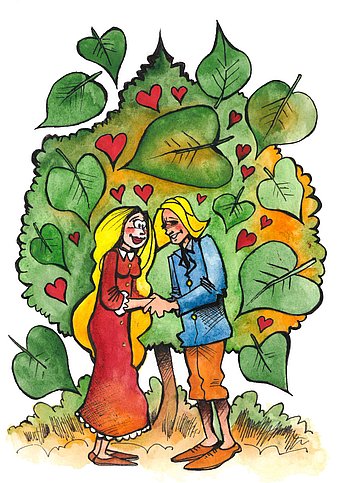 Ein verliebtes Paar steht vor einem Baum mit herzförmigen Blättern.  (Comic-Zeichnung)