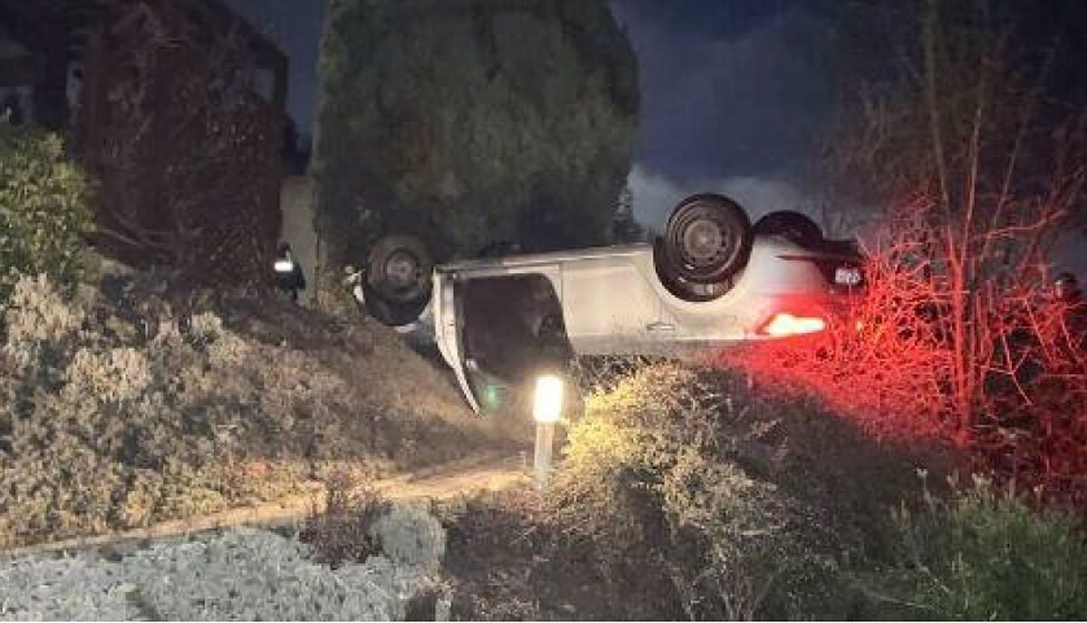 Ein Auto liegt auf seinem Dach in einem Garten. Die Bremslichter leuchten rot.l