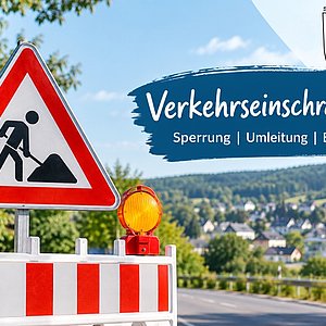 Ein Bild von einer rot-weiß gestreiften Warnbarke mit Baustellenschild (dreieckig mit rotem Rand und scharzem Strichmann mit Schaufel).