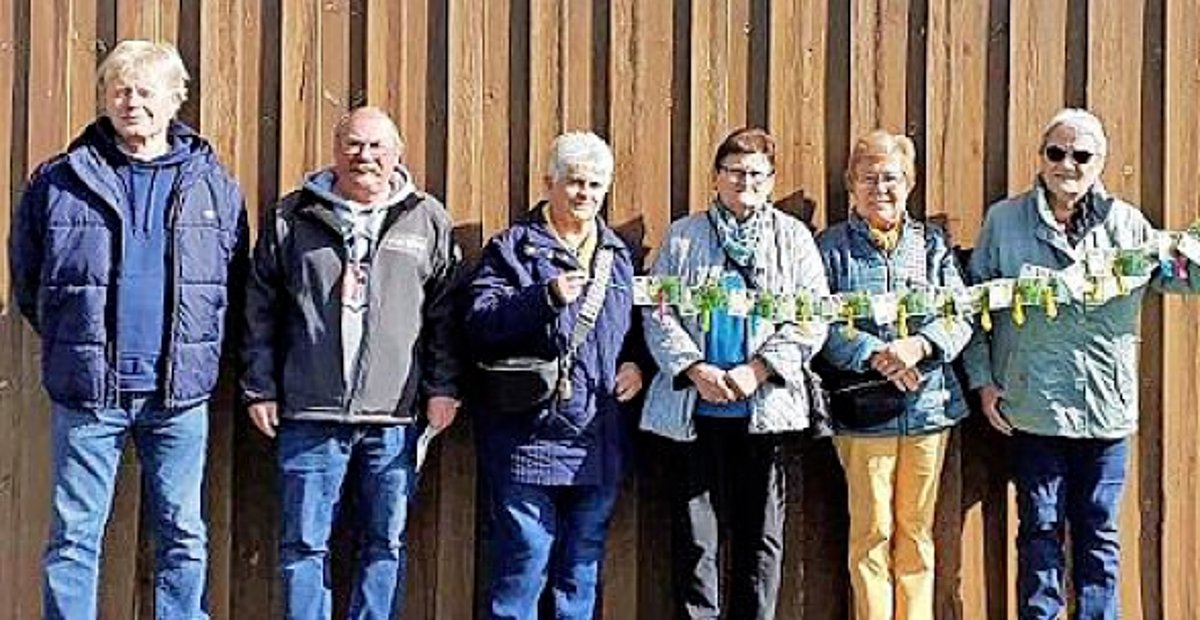 Drei Männer und drei Frauen stehen nebeneinander an einer Holzwand und halten Geldscheine in den Händen.