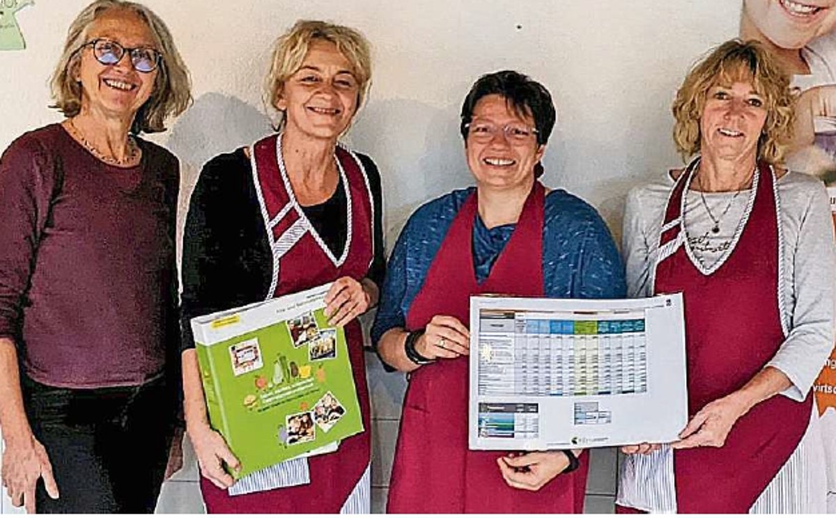 Vier Frauen, die in die Kamera lächeln und zwei Blätter in die Kamera halten.