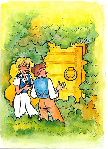 Zwei junge Menschen stehen vor einer goldenen Tür, die zum Teil zugewachsen ist. (Comic-Zeichnung)
