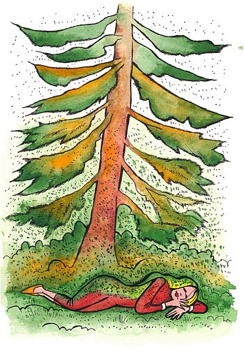 Vor einem Nadelbaum liegt eine junge Frau. Sie ist teilweise mit den Nadeln des Baumes bedeckt.  (Comic-Zeichnung)