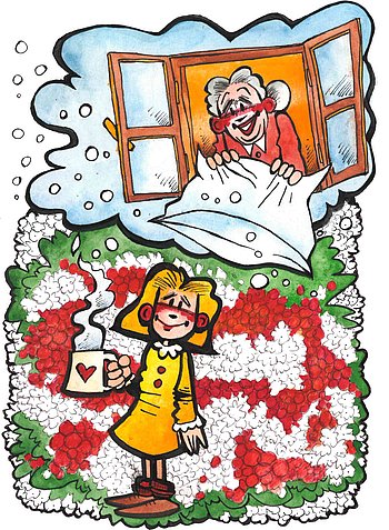 Eine alte freundliche Frau schüttelt ein Kissen aus dem Fenster. Unter dem Fenster steht ein Mädchen mit einer Tasse mit dampfender Flüssigkeit. (Comic-Zeichnung)