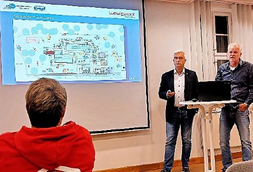 Zwei Männer, darunter Bürgermeister Timo Ehrhardt, stehen an einem Beamer neben einer großen Leinwand. Ein Zuhörer ist von hinten zu sehen.