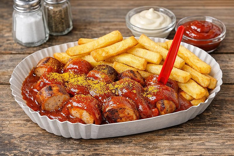Eine weiße Schale mit Wurststücken, roter Soße und Pommes. Eine kleine rote Gabel steckt in einem Wurststück. Die Schale steht auf einer Holzfläche. Im HIntergrund sind kleine Pfeffer- und Salzstreuer zu sehen sowie zwei kleine Glasschälchen mit je Ketchup und Mayo.