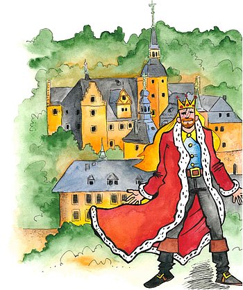 Die Burg Lauenstein und im Vordergrund steht ein König mit Krone und einem wehenden roten Königsmante.  (Comic-Zeichnung)