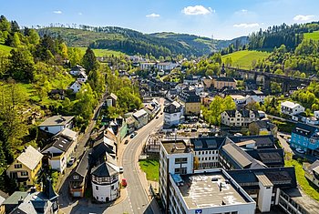 Eine Kleinstadt mit Häusern, einer breiten Straße und viel hellem Grün drumherum. 