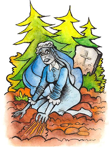 Ein geisterhafte Frau scharrt mit den Fingernägeln in der Erde. Im Hintergrund ist ein Grabstein zu sehen.  (Comic-Zeichnung)