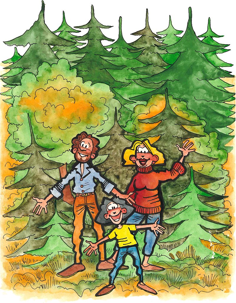 Mutter, Vater und Kind stehen vor einem großen Wald. (Comic-Zeichnung)