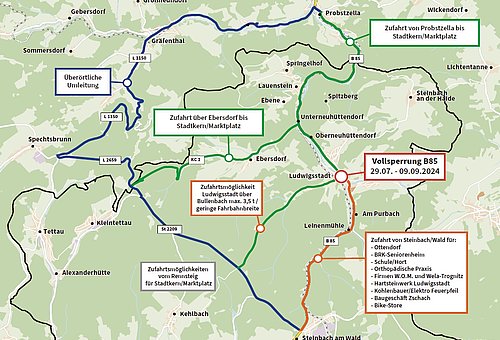 Kartengrafik mit eingezeichneten Umfahrungsmöglichkeiten 