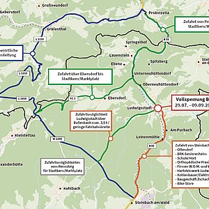Kartengrafik mit eingezeichneten Umfahrungsmöglichkeiten 