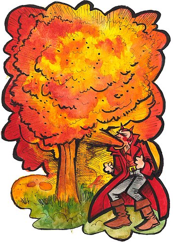 Der Teufel steht vor einem große Baum und bläst seinen brennenden Atem in Richtung Baum.  (Comic-Zeichnung)